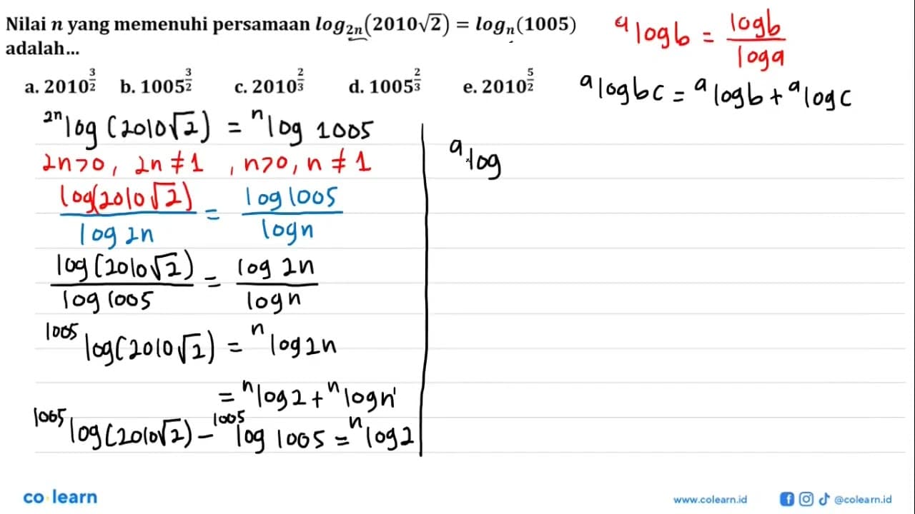 Nilai n yang memenuhi persamaan log2n(2010