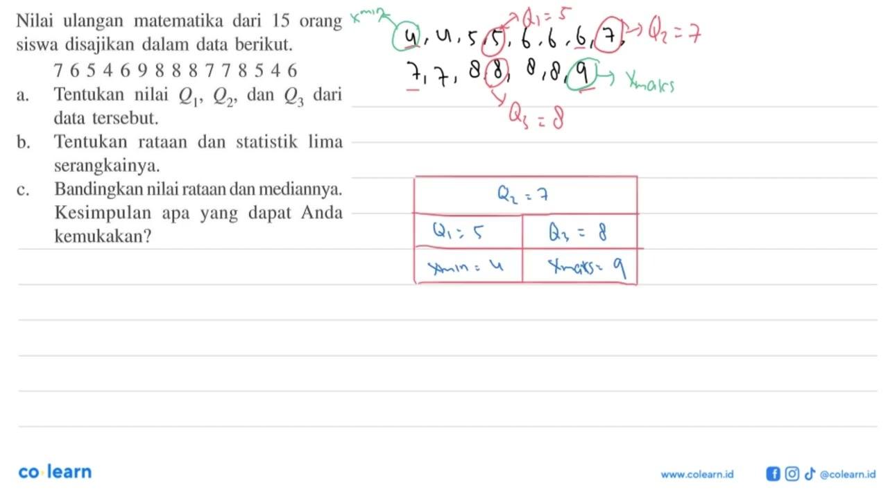 Nilai ulangan matematika dari 15 orang siswa disajikan