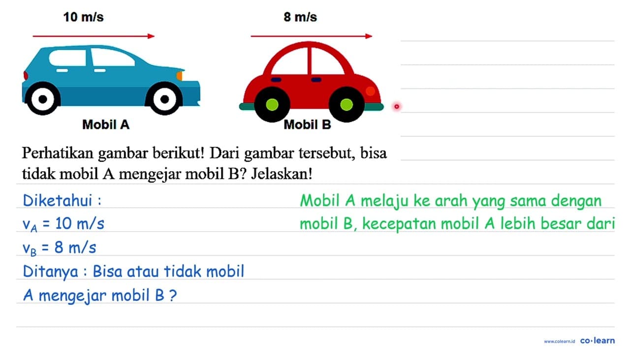 10 m/s 8 m/s Mobil A Mobil B Perhatikan gambar berikut!