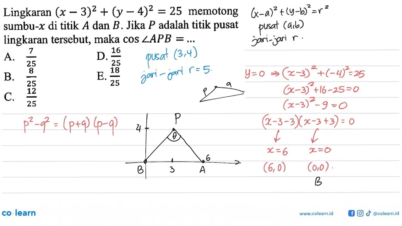 Lingkaran (x-3)^2+(y-4)^2=25 memotong sumbu-x di titik A