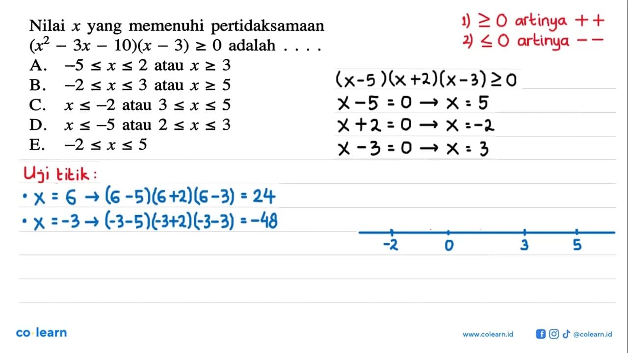 Nilai x yang memenuhi pertidaksamaan (x^2-3x-10)(x-3)>=0