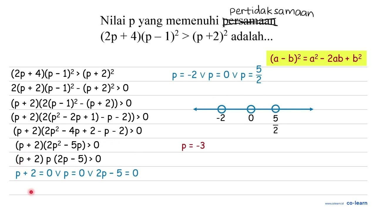 Nilai p yang memenuhi persamaan (2 p+4)(p-1)^(2)>(p+2)^(2)