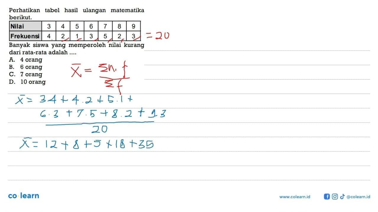 Perhatikan tabel hasil ulangan matematika berikut.Nilai 3 4