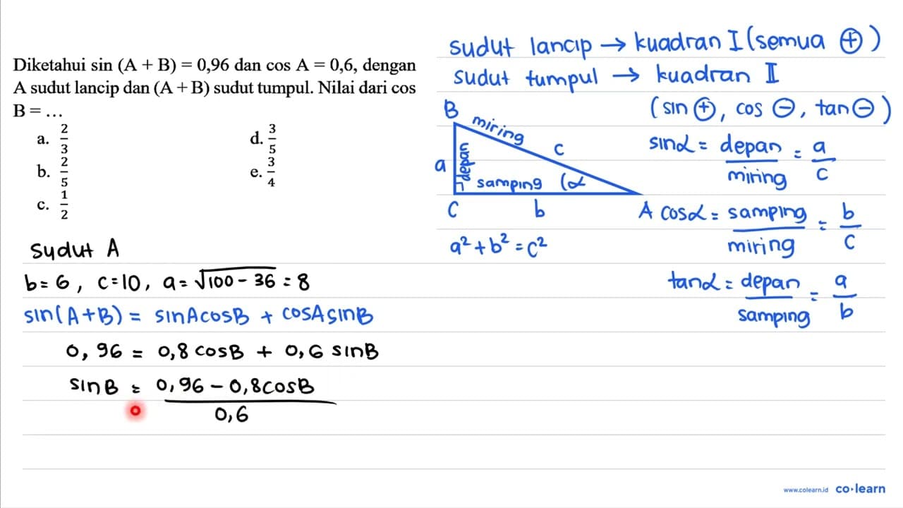 Diketahui sin (A+B)=0,96 dan cos A=0,6 , dengan A sudut