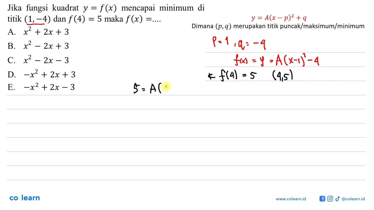 Jika fungsi kuadrat y = f(x) mencapai minimum di titik