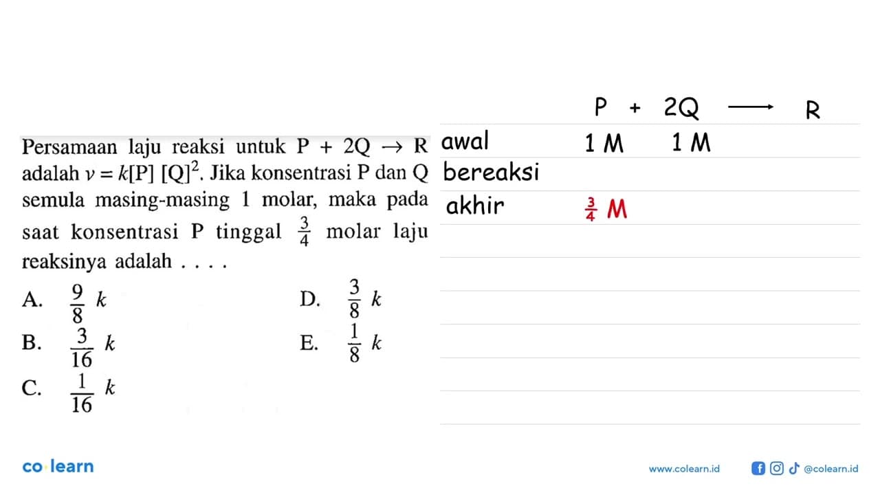 Persamaan laju reaksi untuk P+2Q->R adalah v=k[kg][Q]^2.