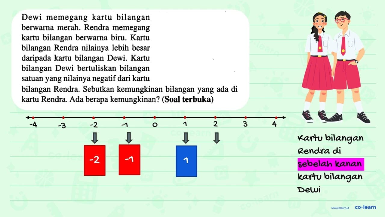 Dewi memegang kartu bilangan berwarna merah. Rendra