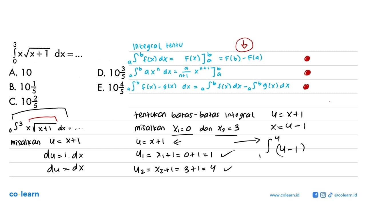 integral 0 3 x akar(x+1) dx=...