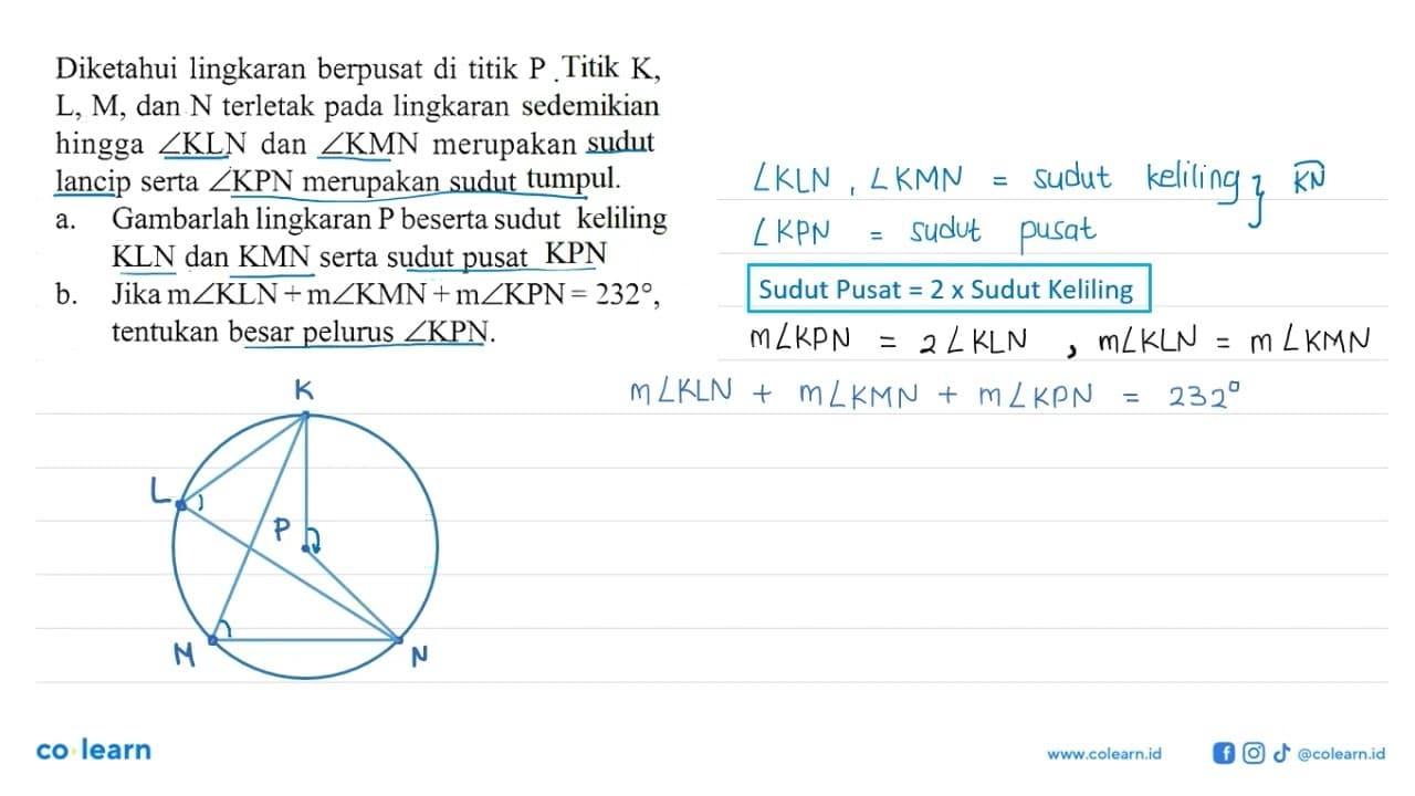 Diketahui lingkaran berpusat di titik P Titik K, L, M, dan