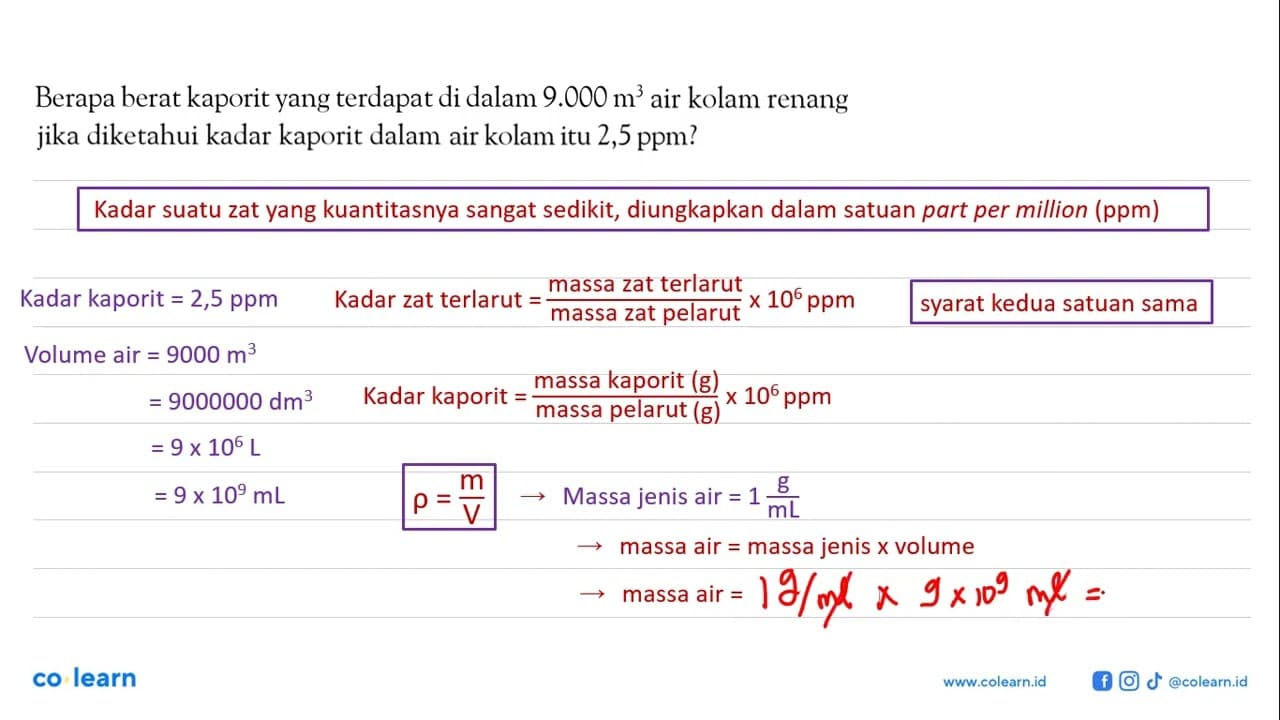 Berapa berat kaporit yang terdapat di dalam 9.000 m^3 air