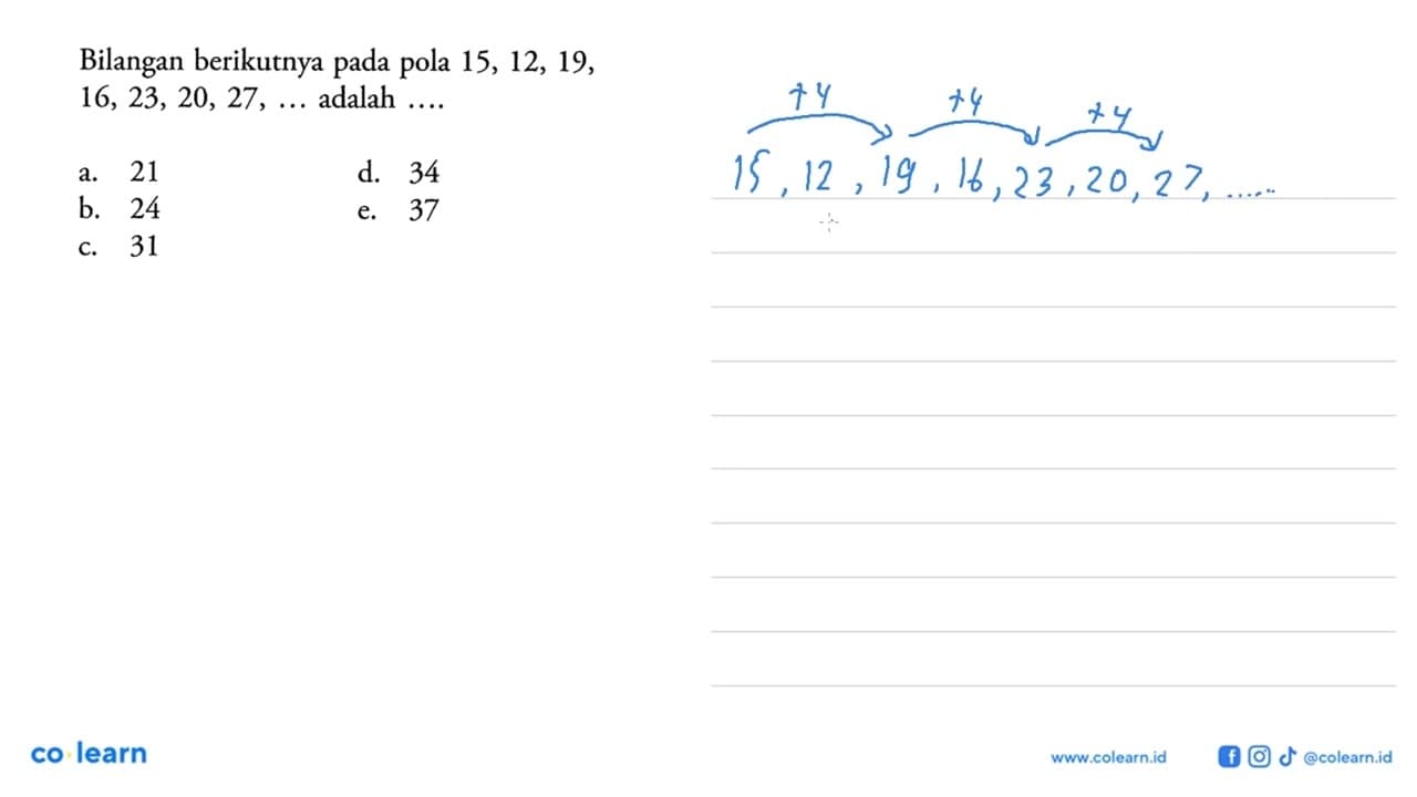 Bilangan berikutnya pada pola 15,12,19,16,23,20,27, ....