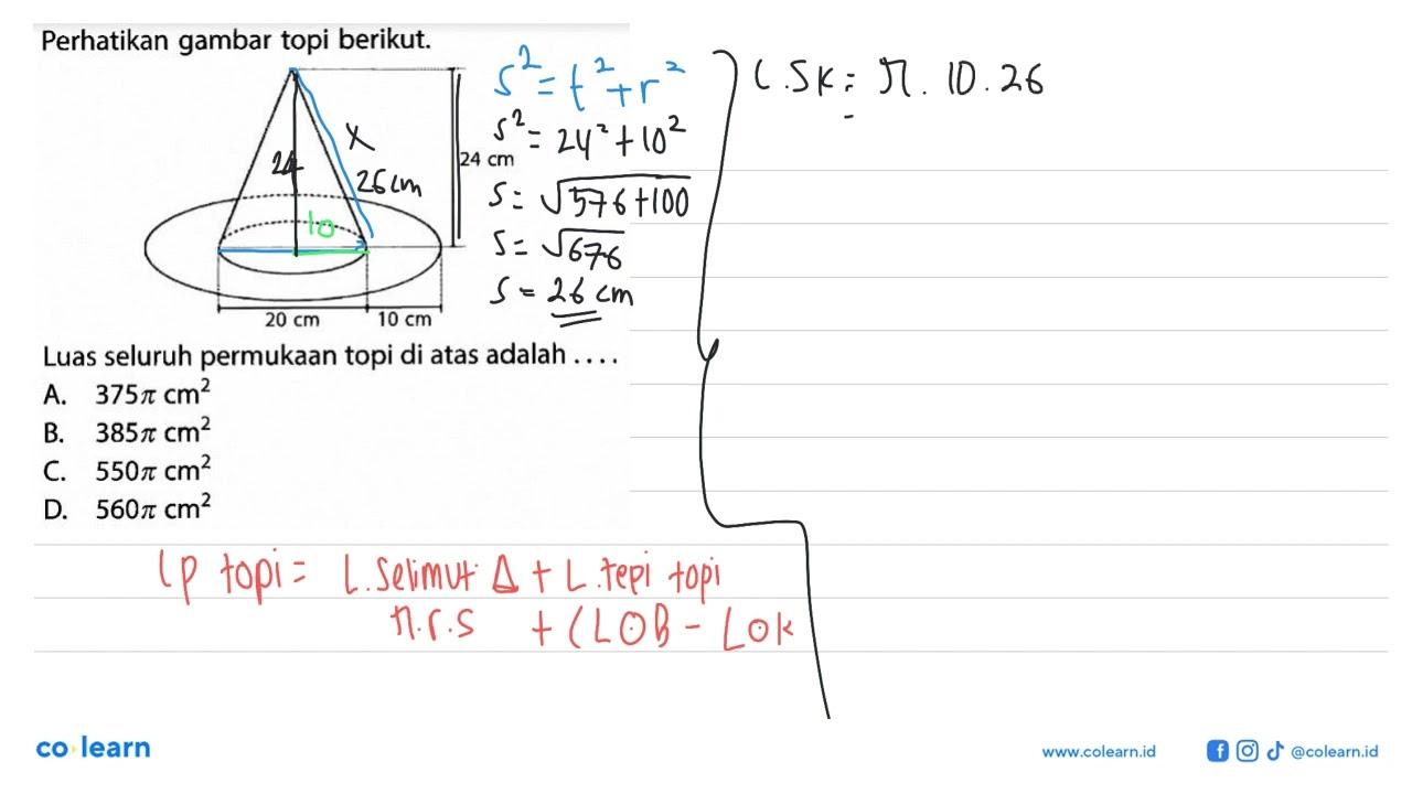 Perhatikan gambar topi berikut. 24 cm 20 cm 10 cmLuas