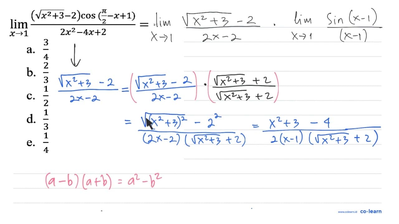 lim _(x -> 1) ((akar(x^(2)+3)-2) cos ((pi)/(2)-x+1))/(2