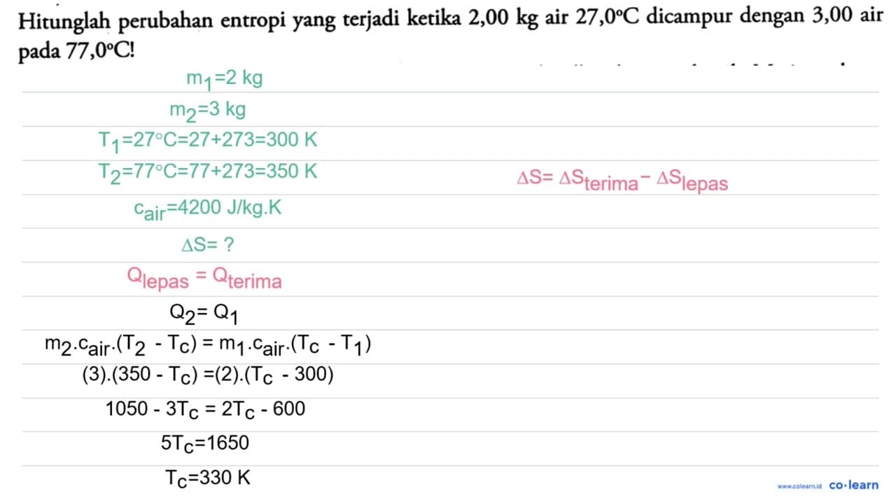 Hitunglah perubahan entropi yang terjadi ketika 2,00 kg air