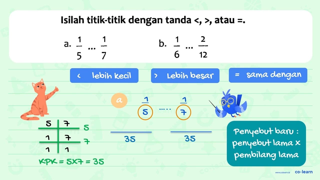 Isilah titik-titik dengan tanda <, >, atau =. a. 1/5 ...