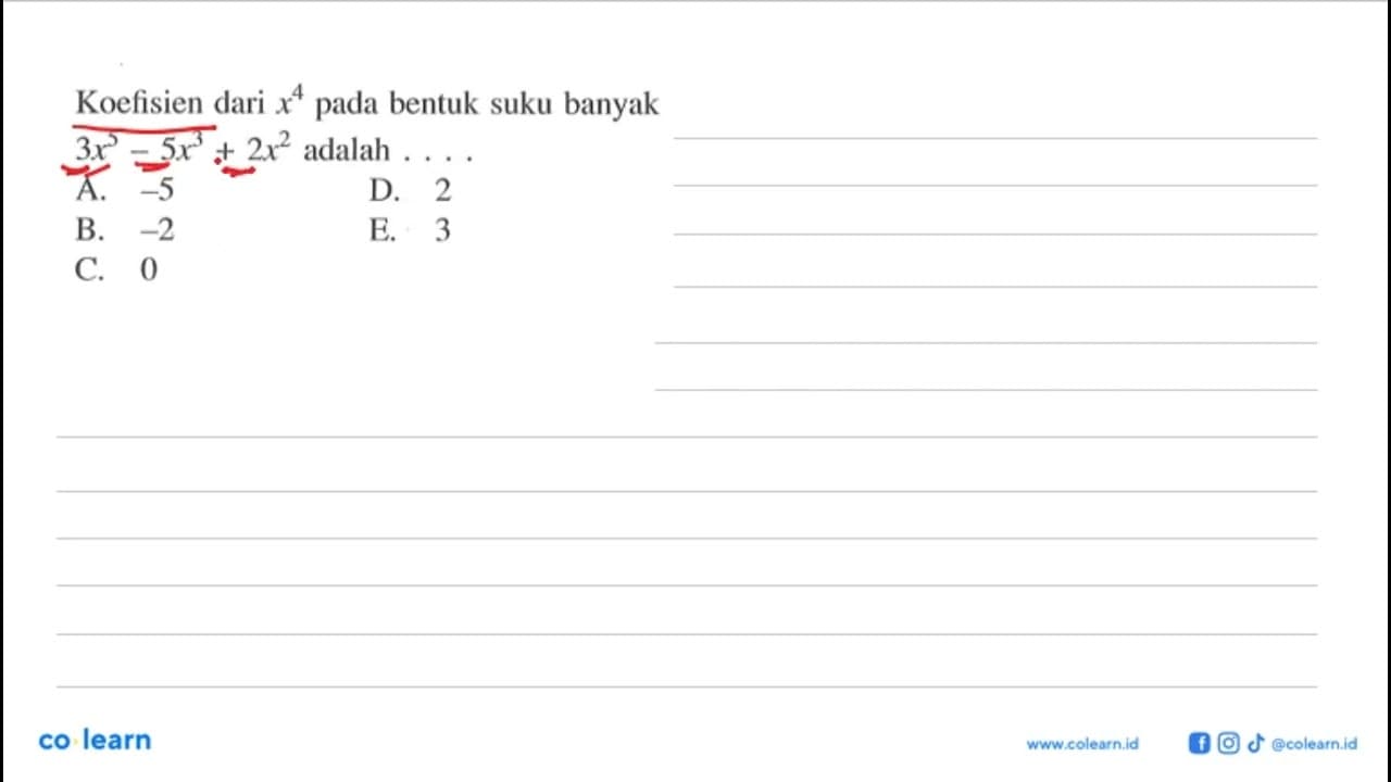 Koefisien dari x^4 pada bentuk suku banyak 3x^5-5x^3+2x^2