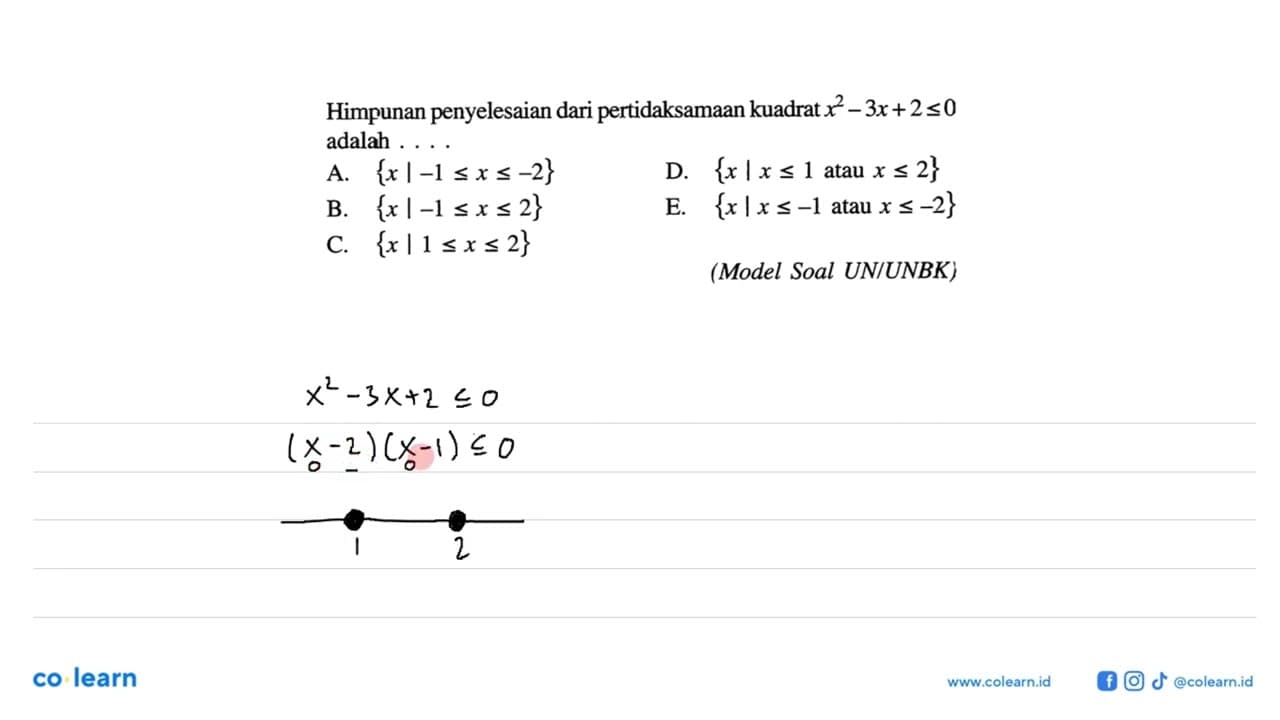 Himpunan penyelesaian dari pertidaksamaan kuadrat x^2-3x+2