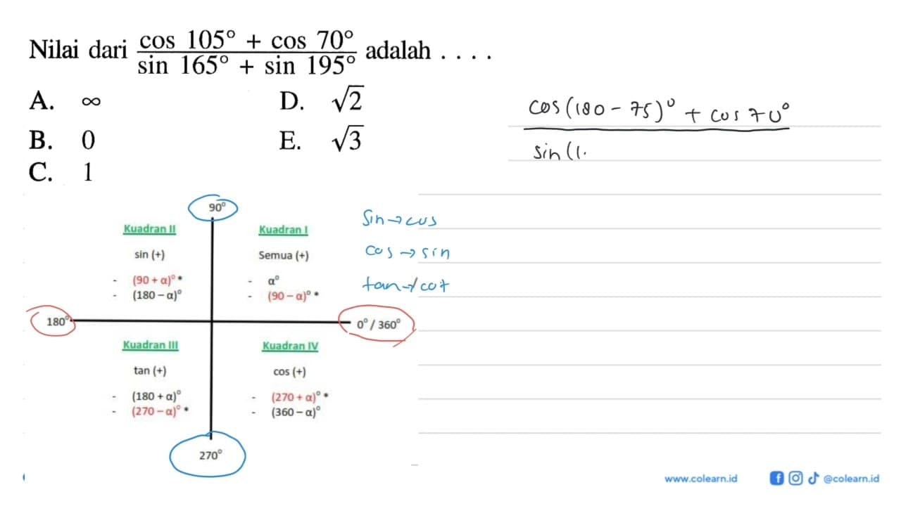 Nilai dari (cos 105+cos 70)/(sin 165+sin 195) adalah ....