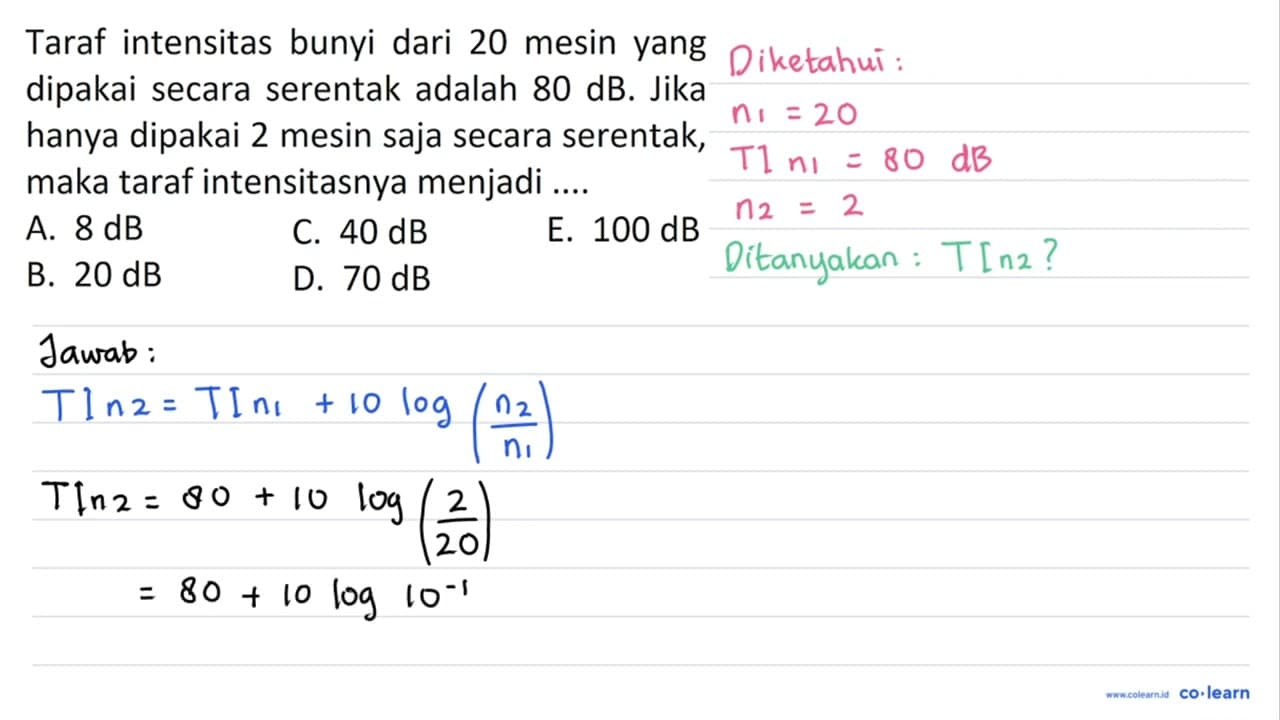 Taraf intensitas bunyi dari 20 mesin yang dipakai secara