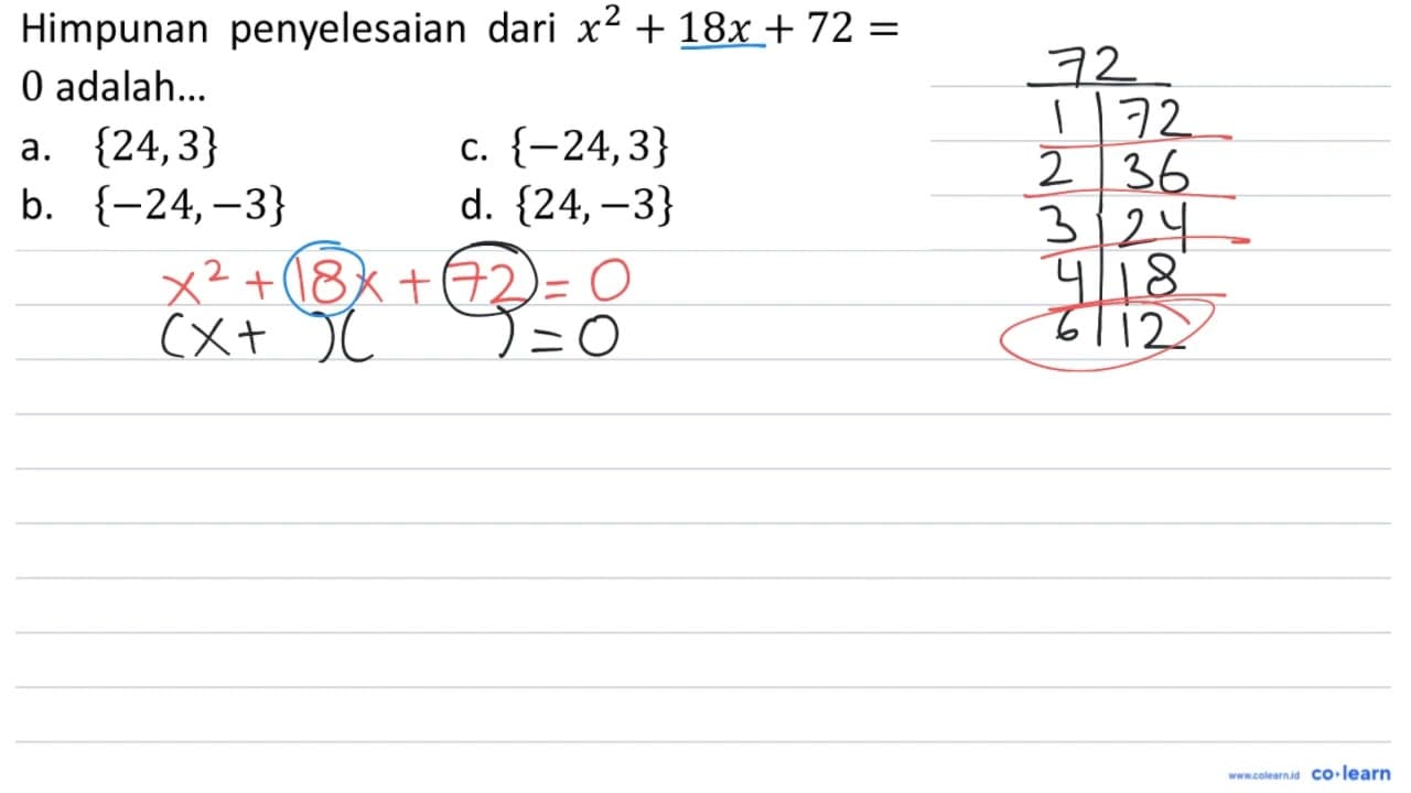 Himpunan penyelesaian dari x^(2)+18 x+72= 0 adalah... a.