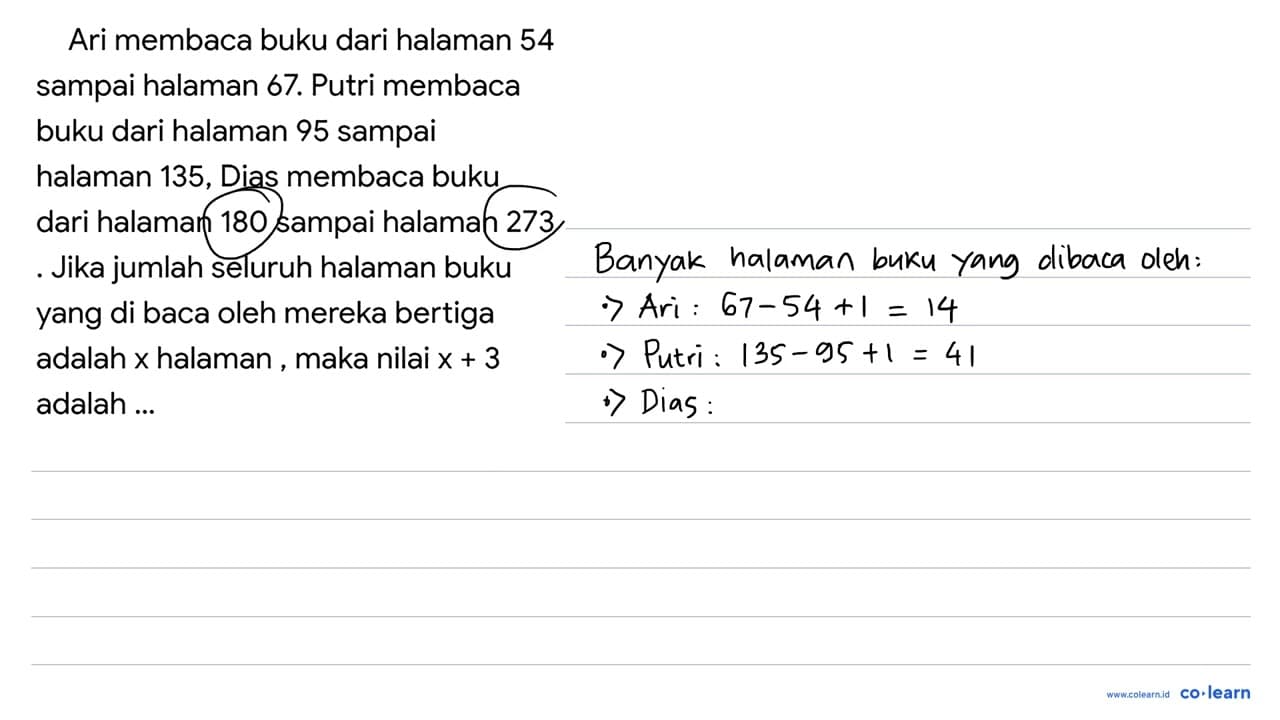 Ari membaca buku dari halaman 54 sampai halaman 67. Putri