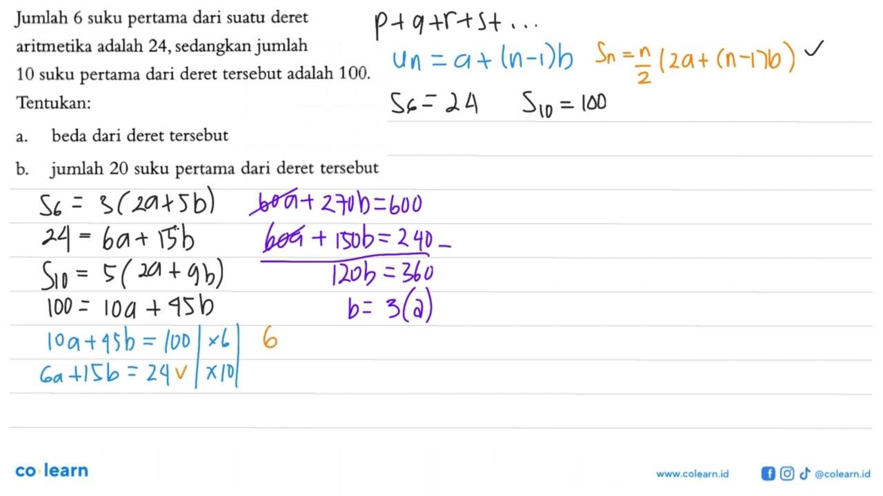 Jumlah 6 suku pertama dari suatu deret aritmetika adalah