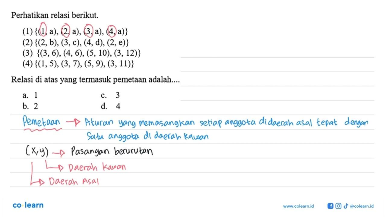 Perhatikan relasi berikut. (1) {(1,a), (2,a), (3,a), (4,