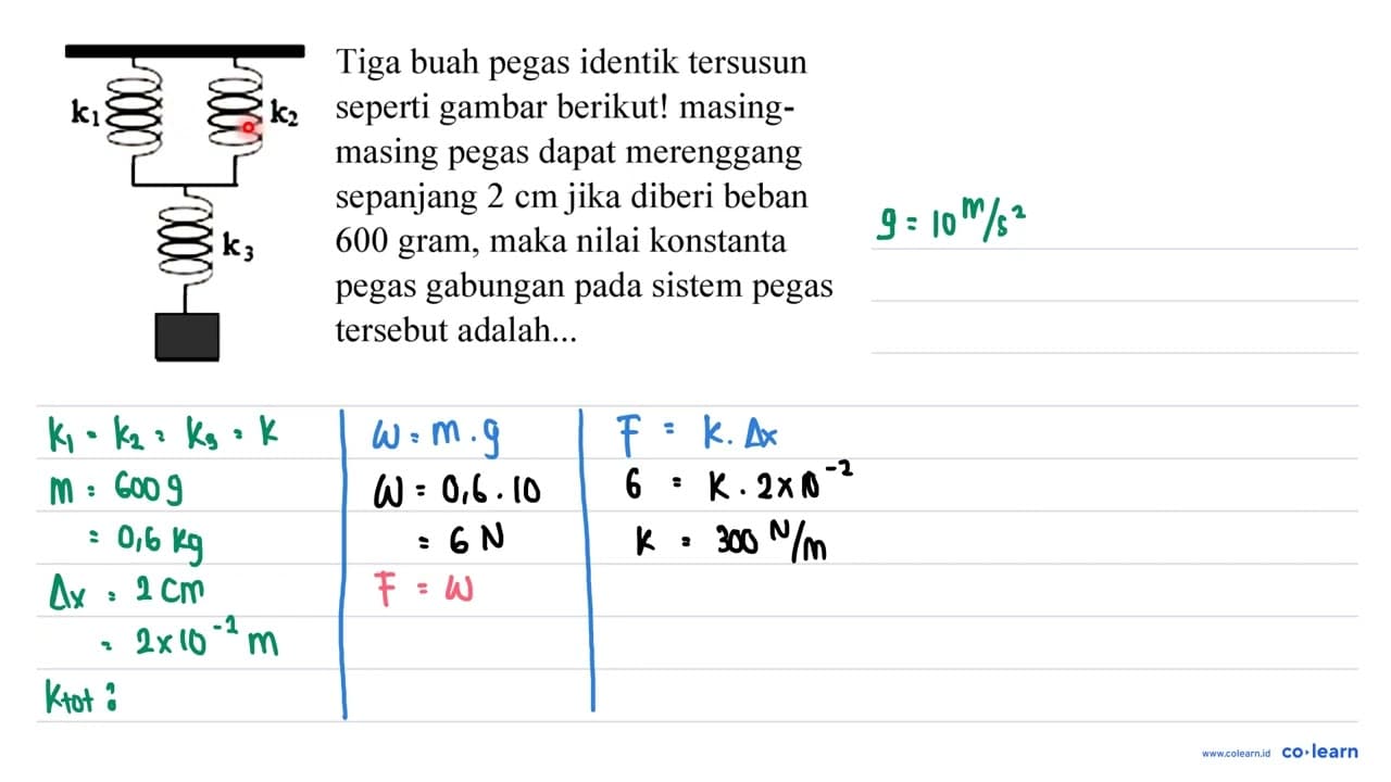 $ Tiga buah pegas identik tersusun {k)_(2) seperti gambar