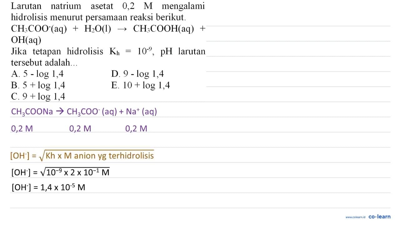 Larutan natrium asetat 0,2 M mengalami hidrolisis menurut