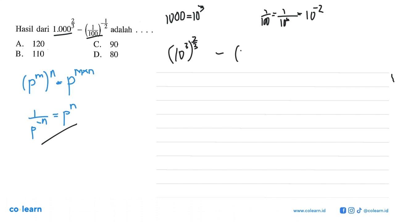 Hasil dari (1.000)^(2/3) - (1/100)^(-1/2) adalah ....