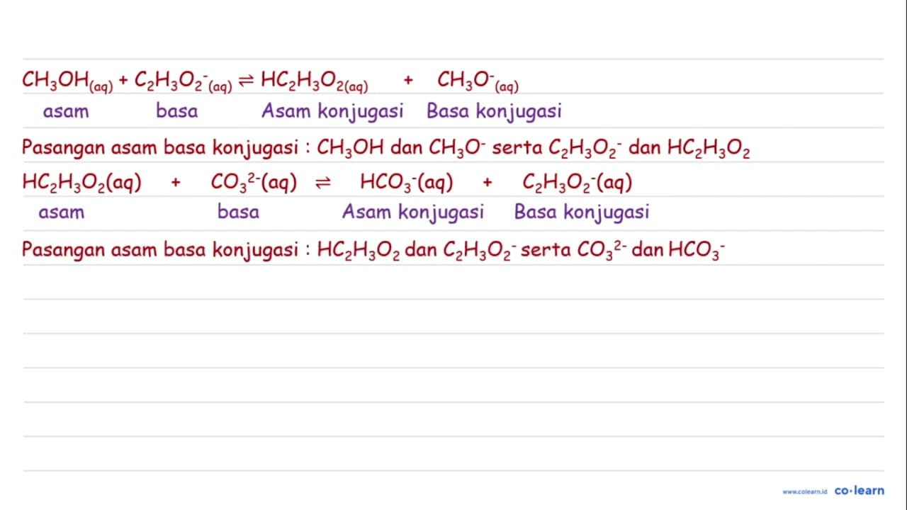 Berdasarkan reaksi berikut: CH3 OH(aq)+C2 H3 O2^(--)(aq)