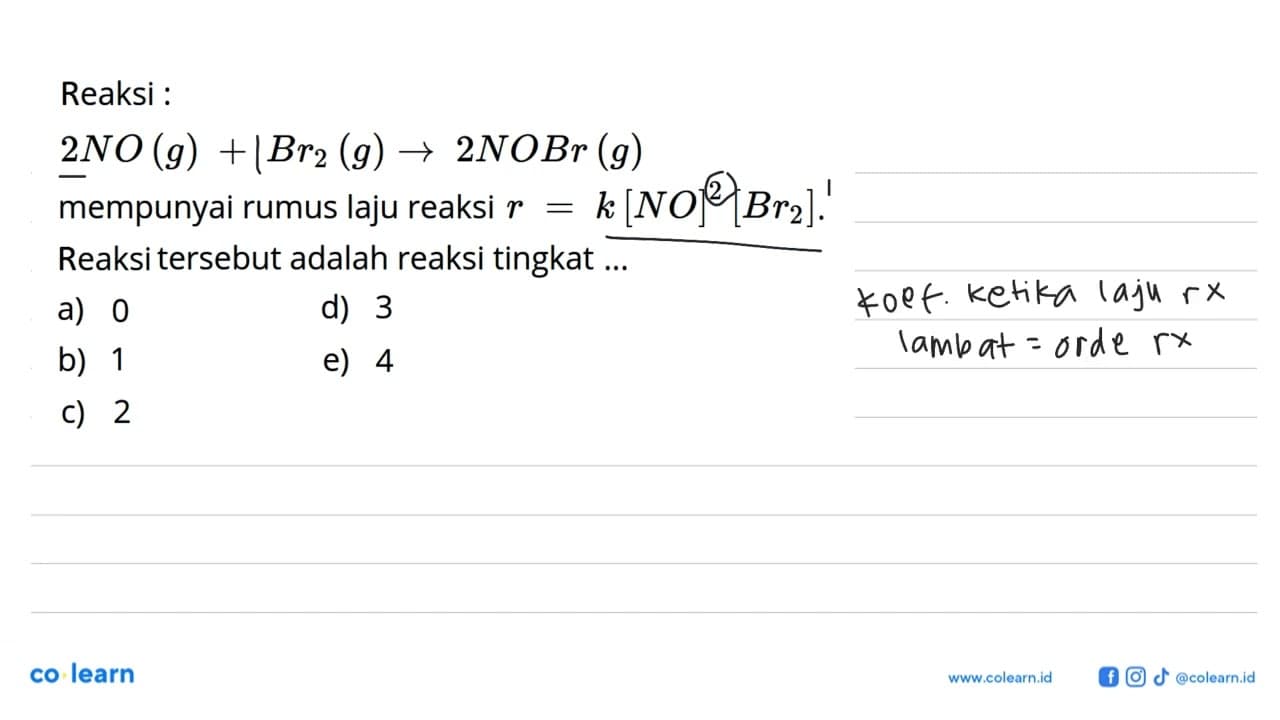 Reaksi :2 NO(g) + Br2(g) -> 2 NOBr(g) mempunyai rumus laju