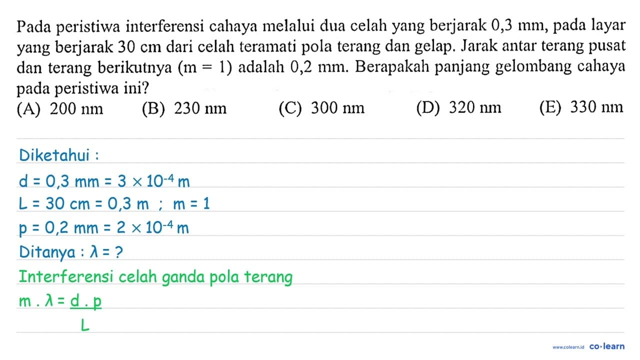 Pada peristiwa interferensi cahaya melalui dua celah yang