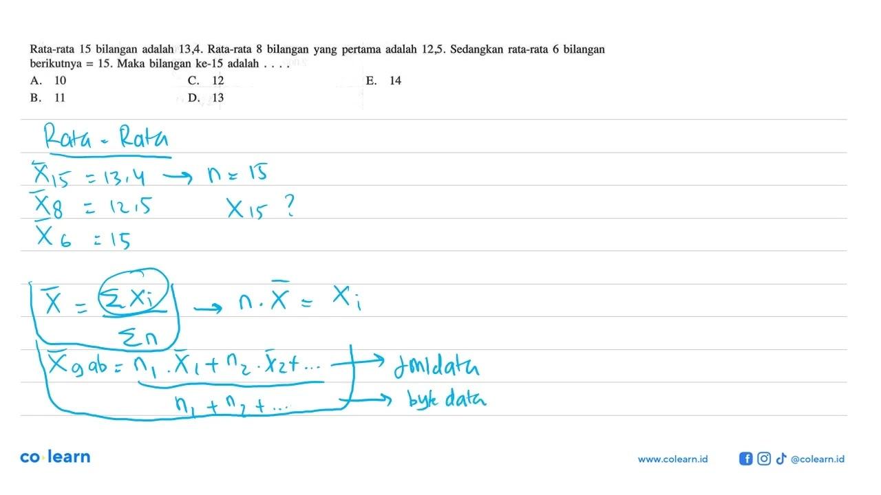 Rata-rata 15 bilangan adalah 13,4. Rata-rata 8 bilangan
