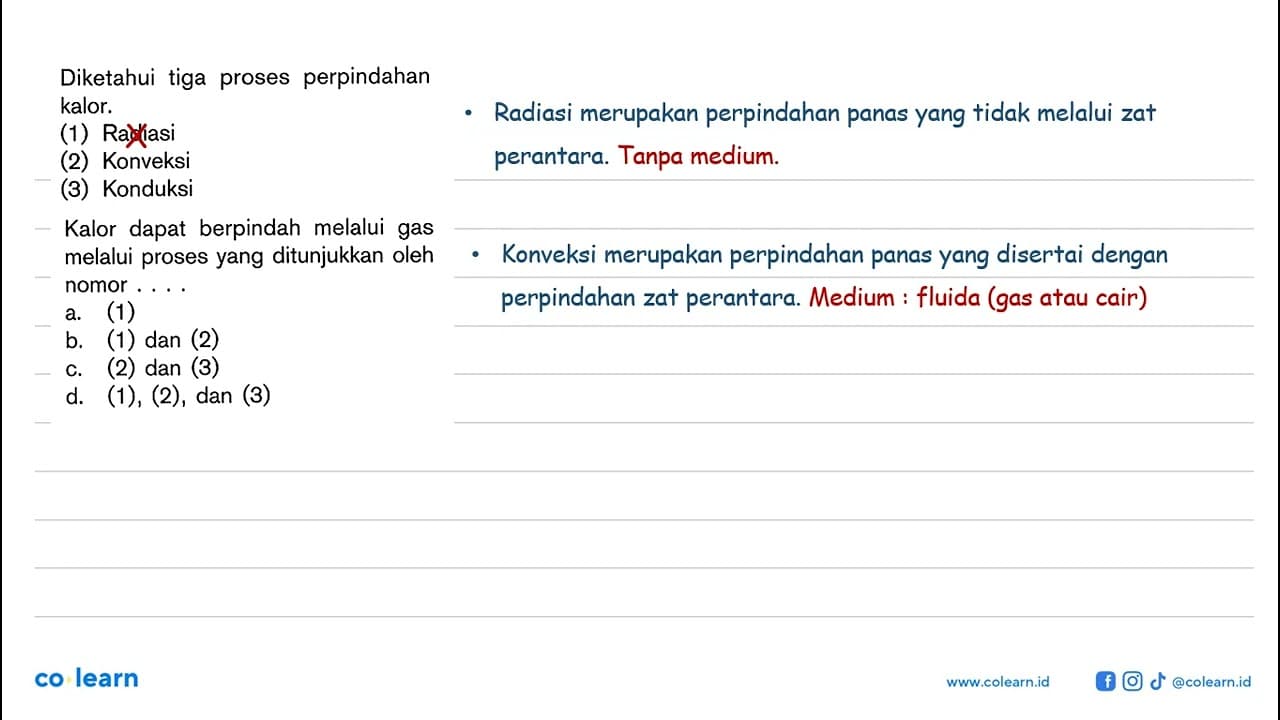 Diketahui tiga proses perpindahan kalor. (1) Radiasi (2)