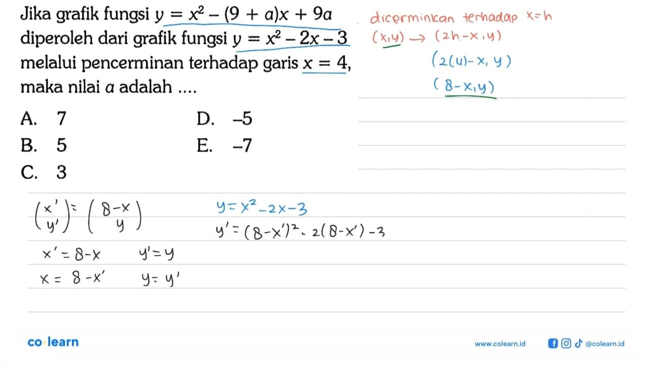 Jika grafik fungsi y = x^2 - (9 + a)x + 9a diperoleh dari