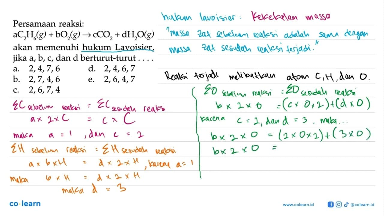 Persamaan reaksi: aC2H6(g)+bO2(g) -> cCO2+dH2O(g) akan