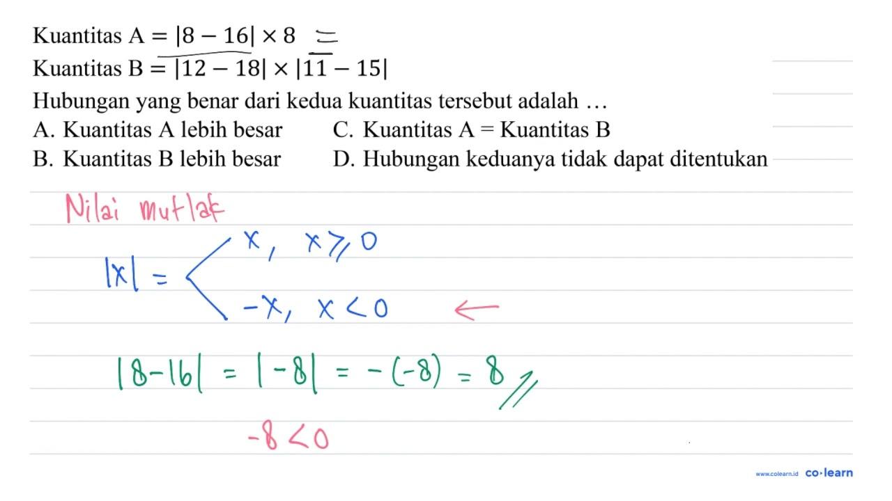 Kuantitas A=|8-16| x 8 Kuantitas B =|12-18| x|11-15|