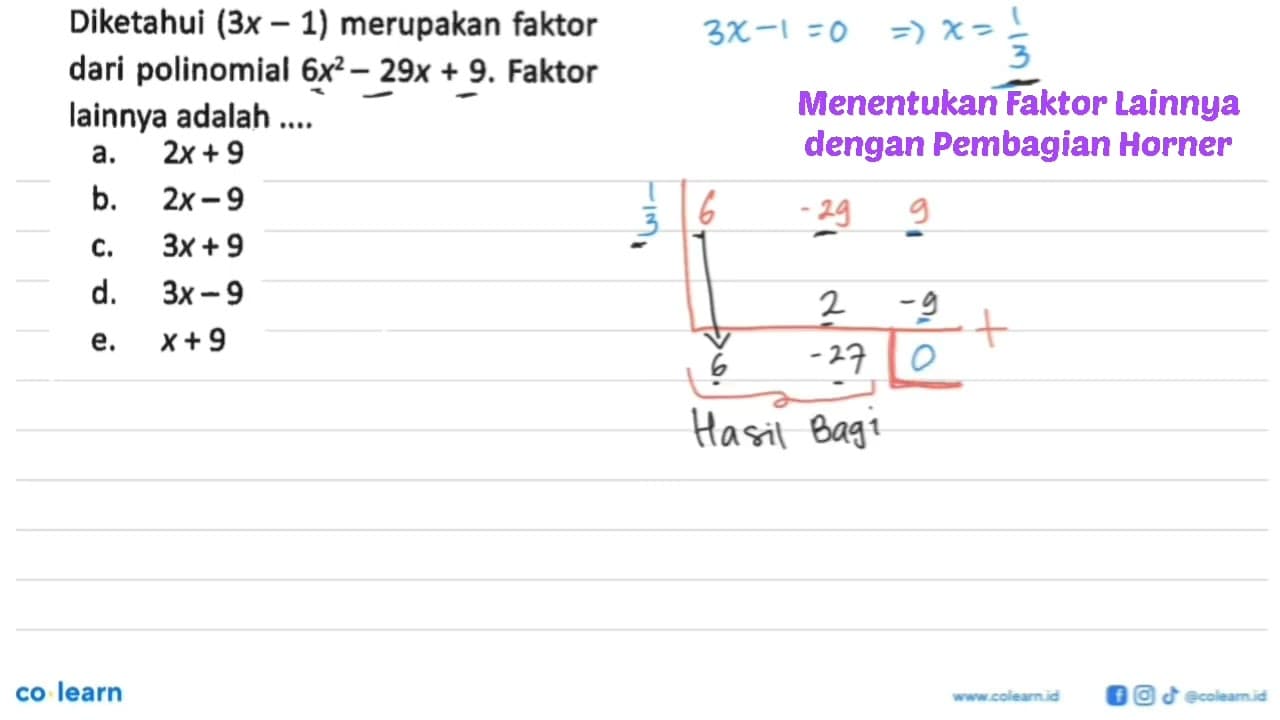 Diketahui (3x-1) merupakan faktor dari polinomial