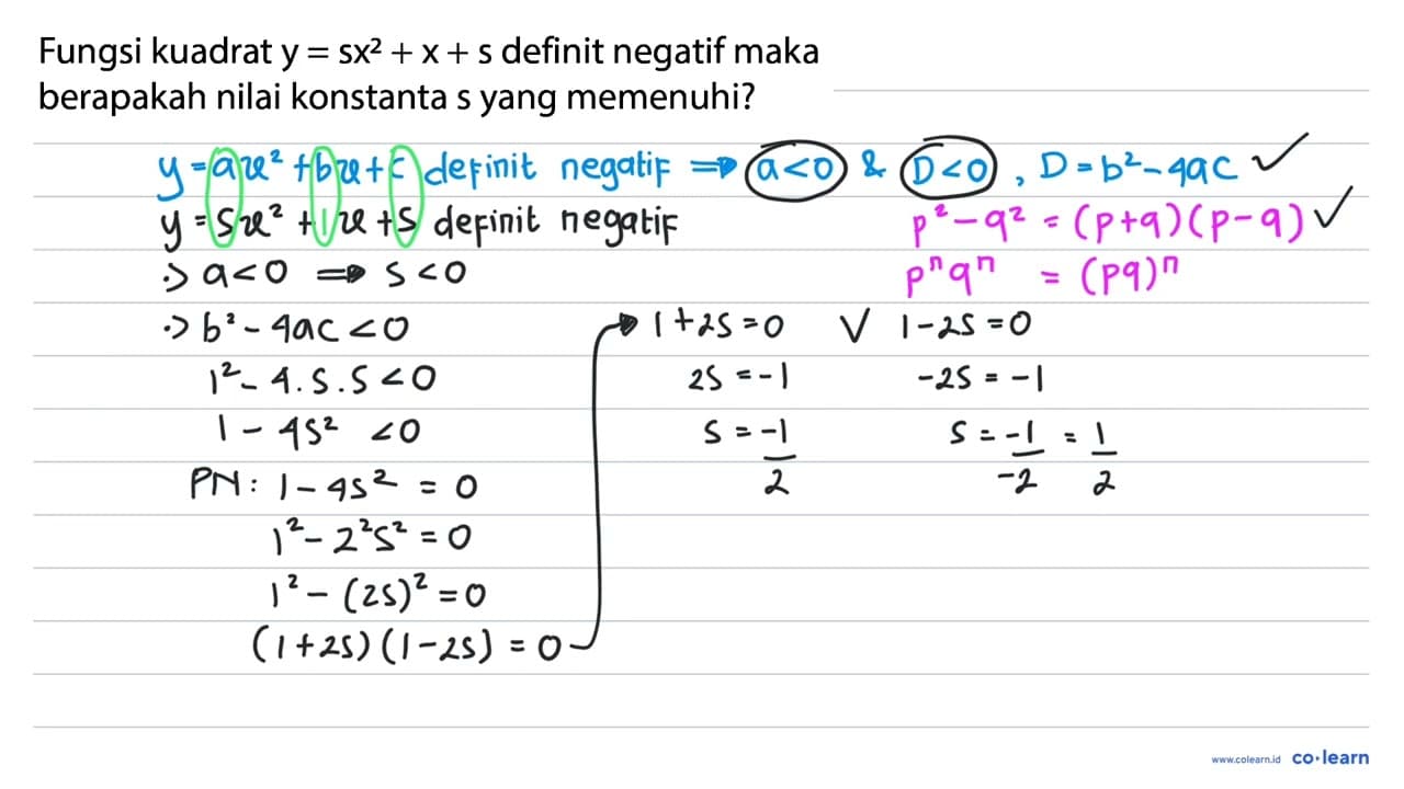 Fungsi kuadrat y=s x^2+x+s definit negatif maka berapakah