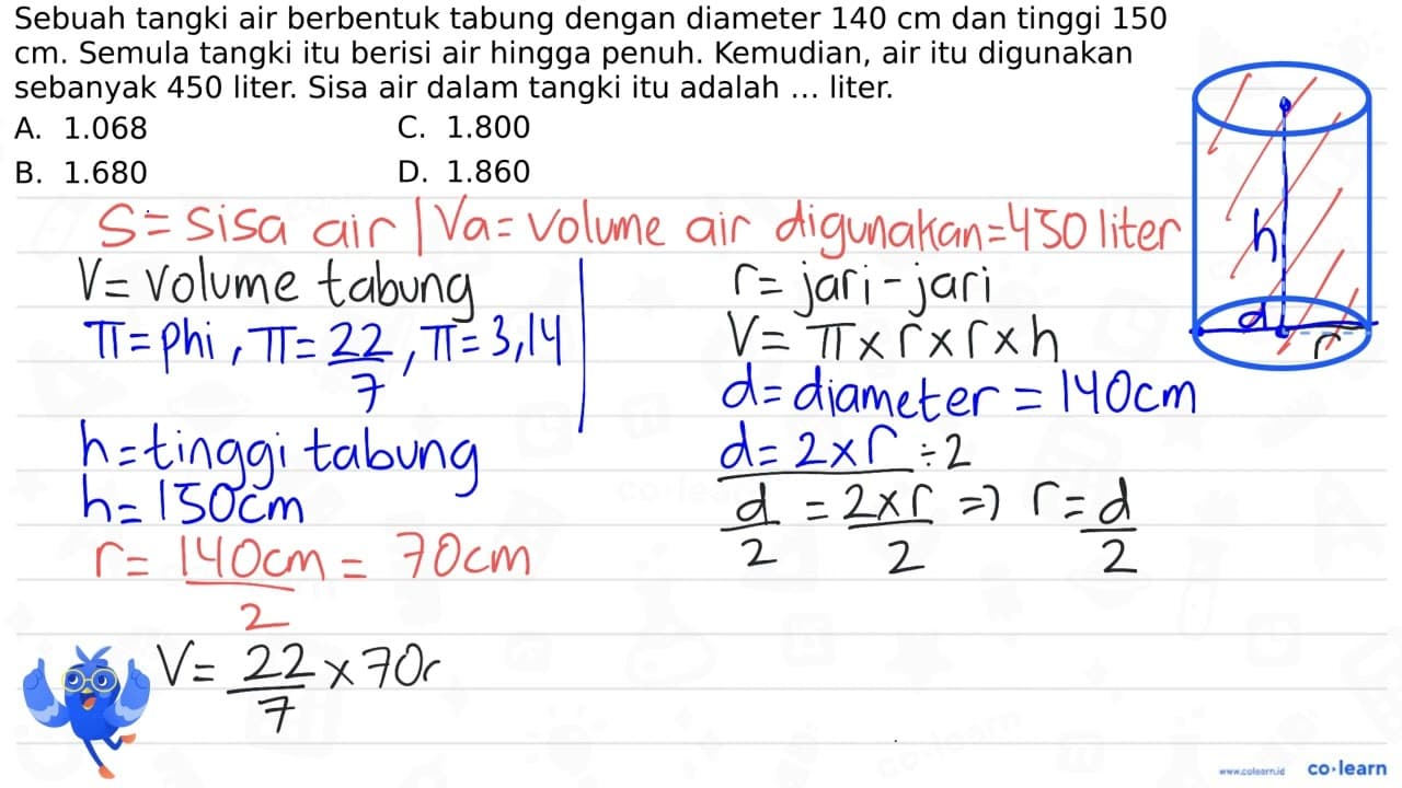 Sebuah tangki air berbentuk tabung dengan diameter 140 cm