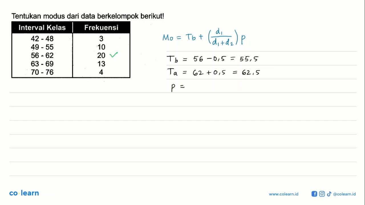 Tentukan modus dari data berkelompok berikut! Interval