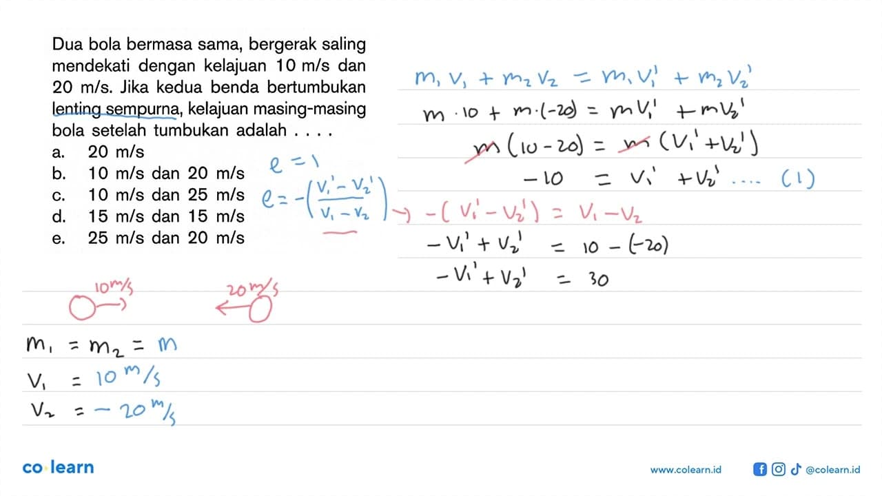 Dua bola bermasa sama, bergerak saling mendekati dengan