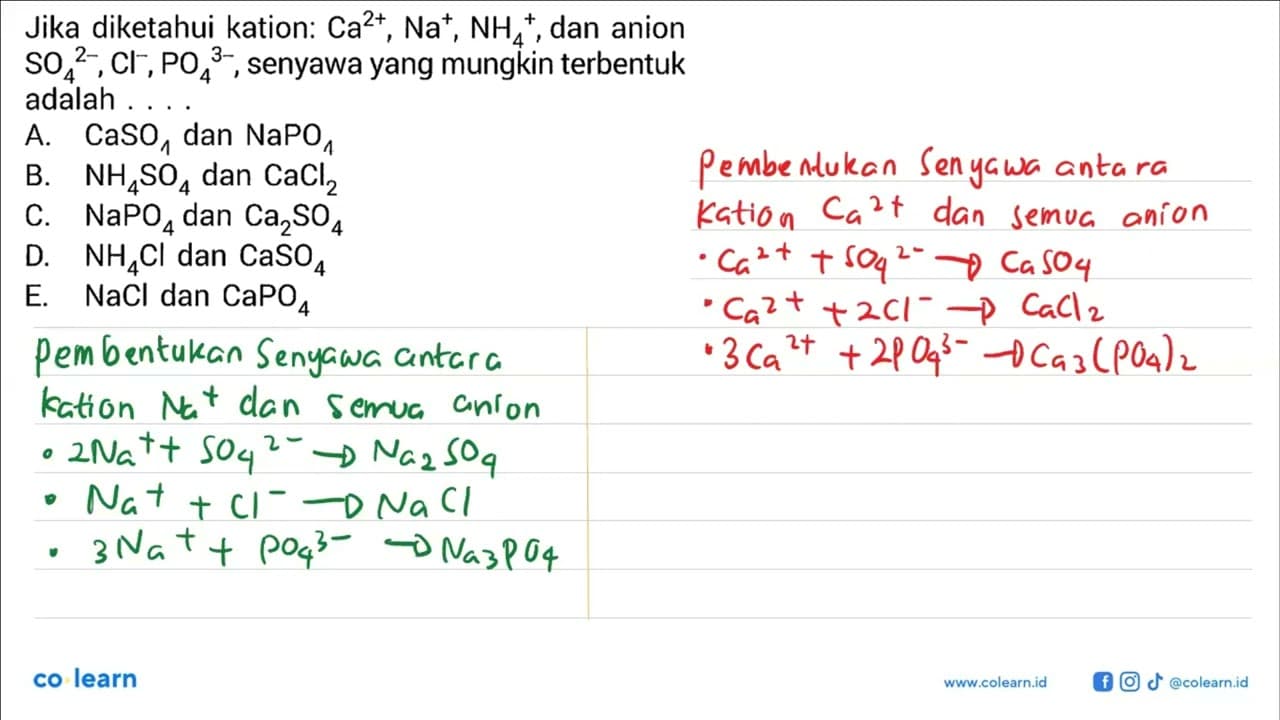 Jika diketahui kation: Ca^(2+), Na^(+), NH4^(+) , dan anion