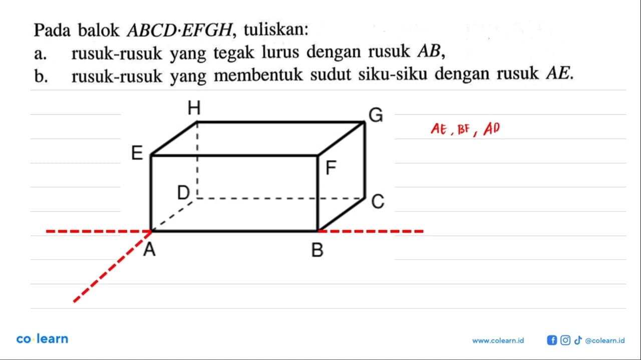 Pada balok ABCD.EFGH, tuliskan: a. rusuk-rusuk yang tegak