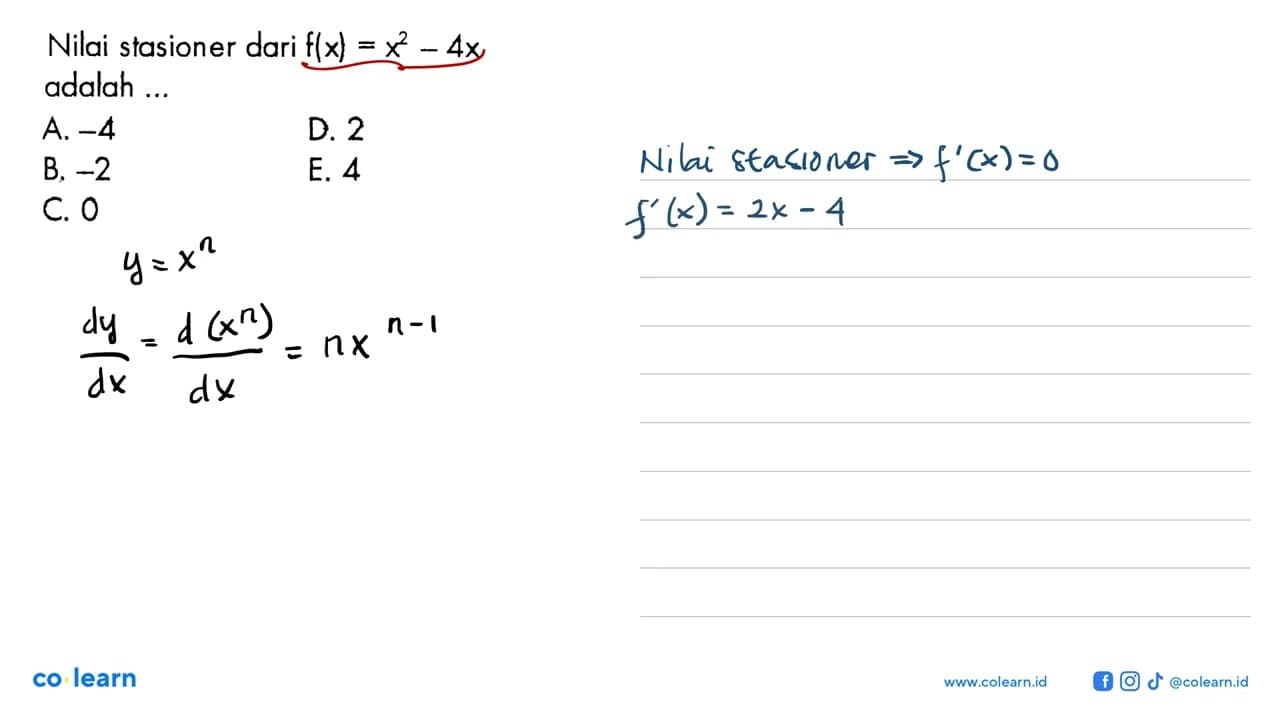 Nilai stasioner dari f(x)=x^2-4x adalah ...