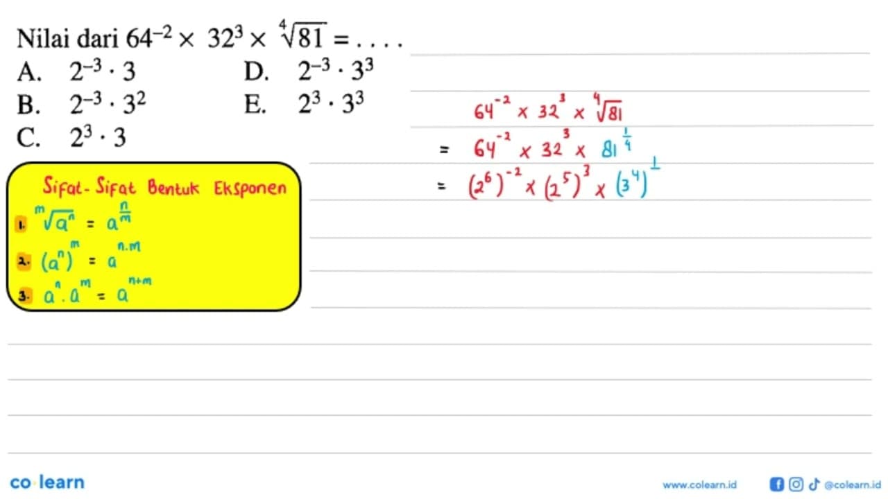 64^-2 x 32^3 x 81^(1/4) = ....