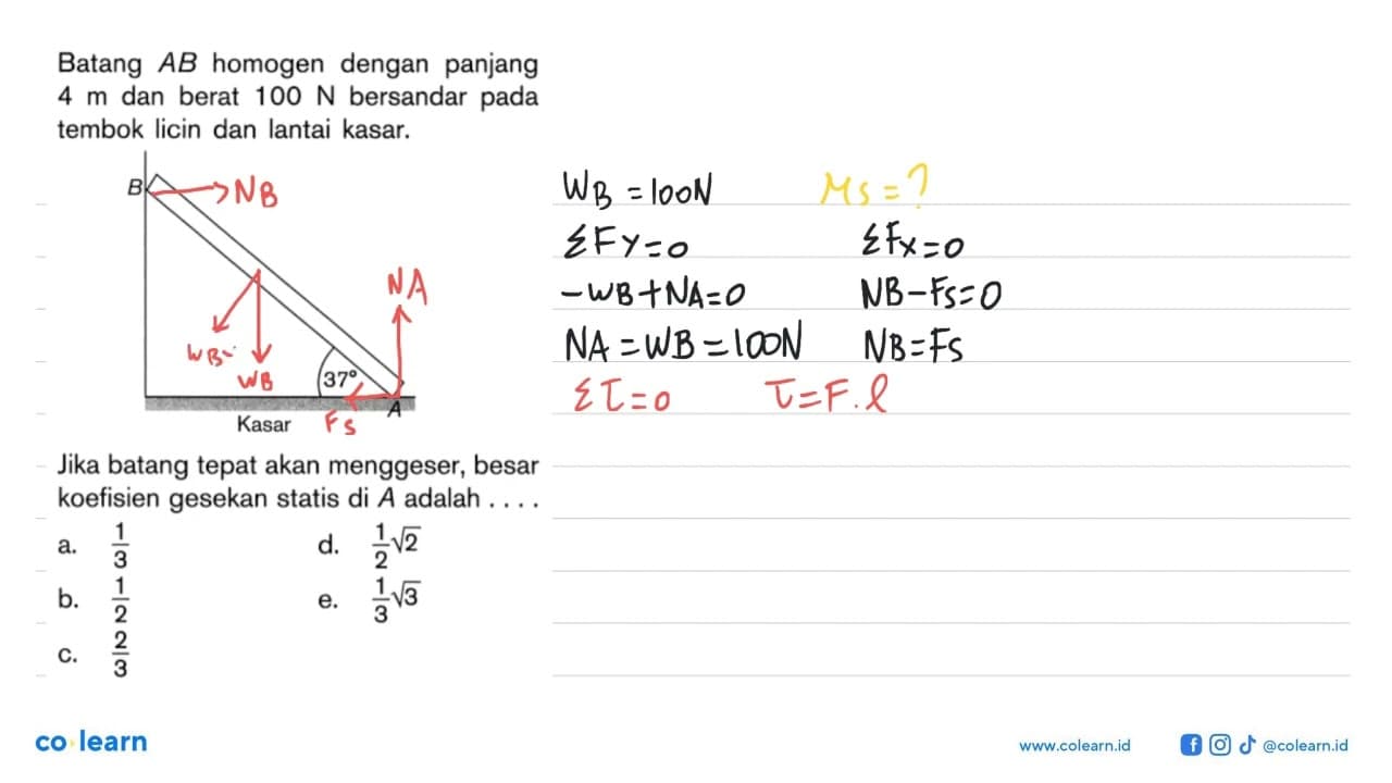 Batang AB homogen dengan panjang 4 m dan berat 100 N