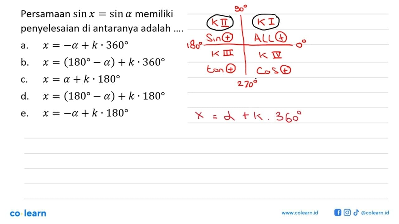 Persamaan sin x = sin alpha memiliki penyelesaian di