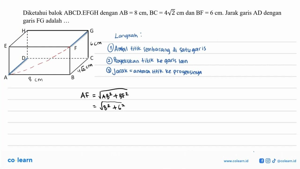 Diketahui balok ABCD.EFGH dengan AB=8 cm, BC=4akar(2) cm